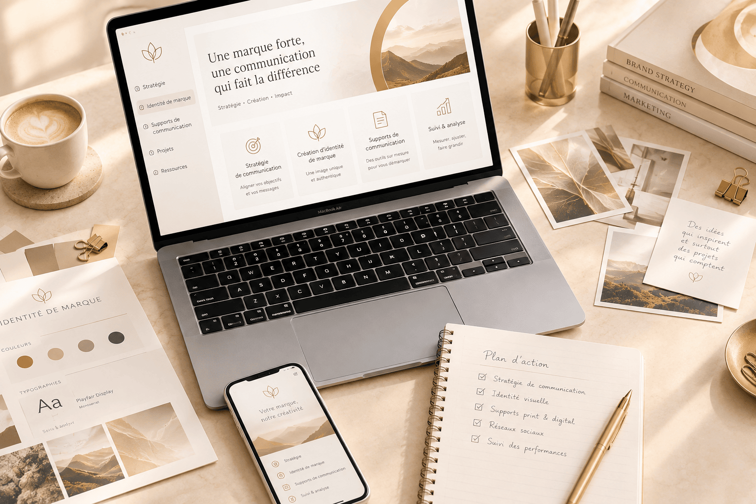 Bureau de travail : ordinateur affichant un site de stratégie de communication, carnet « Plan d'action », planche d'identité de marque et smartphone